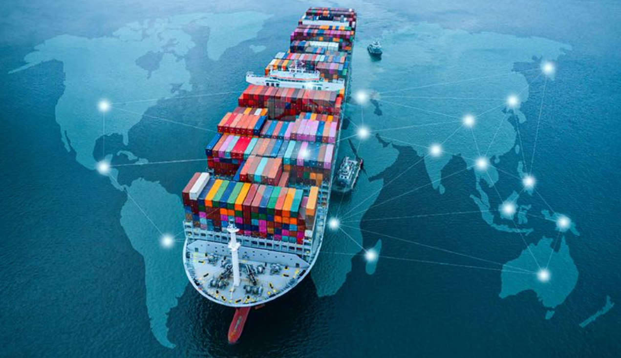 Red global de rutas maritimas con barco de contenedores